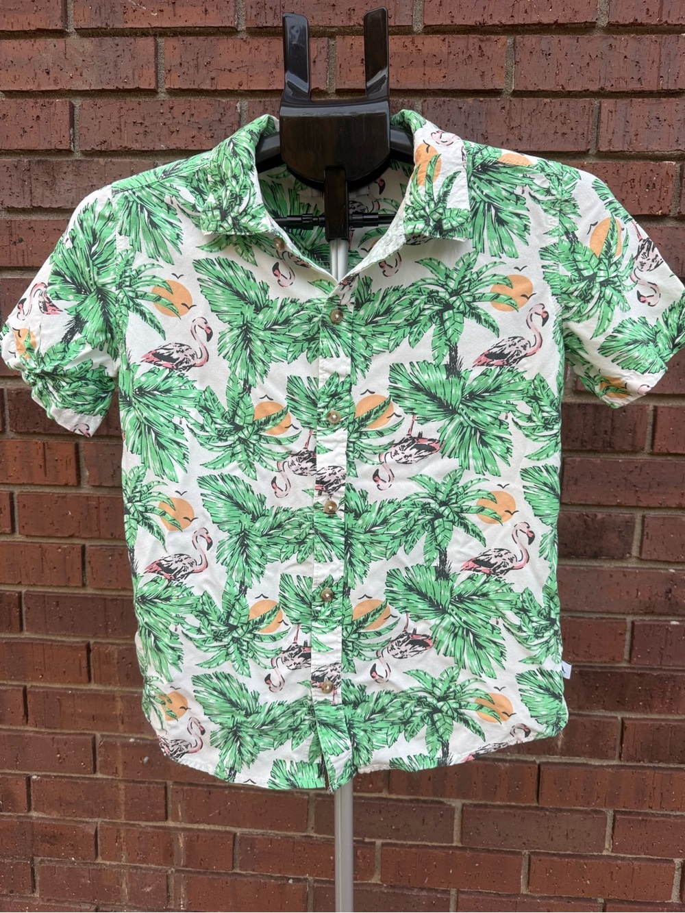 Tommy Bahama Youth Large 10-12 Button Up Hawaiian Shirt Flamingo Tropical Palm